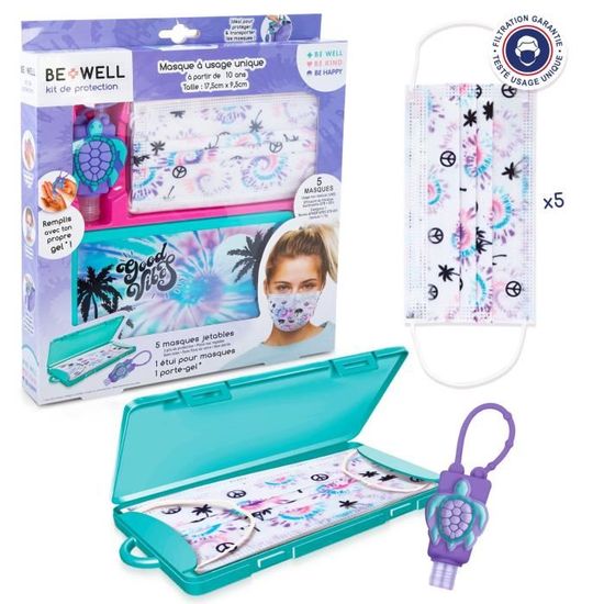 BE WELL Kit de Protection Tie Dye - Prévention complet : Masques jetables pour enfants10+ ans, étui et porte-gel