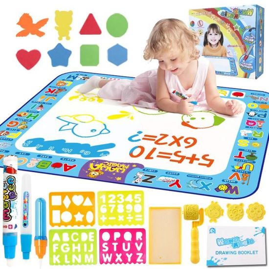 Tapis Dessin Magique à Eau Enfant 120x90cm - Kit Complet Stylos Et Pochoirs - Non Salissant