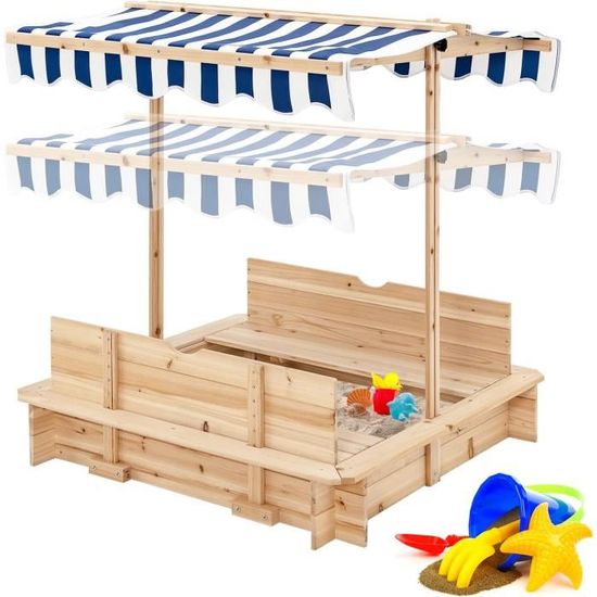 Bac à Sable En Bois Avec Toit Réglable - 120x120x120 Cm - Pour Jardin, Avec Bâche De Protection - Couleur Rouge - 7