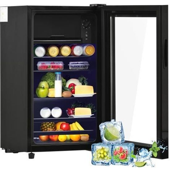 MERAX Mini réfrigérateur de 76 L, 6 L+70 L pour glaces, Mini refroidisseur de boissons, avec Lumière LED, Etagères Réglables, Noir