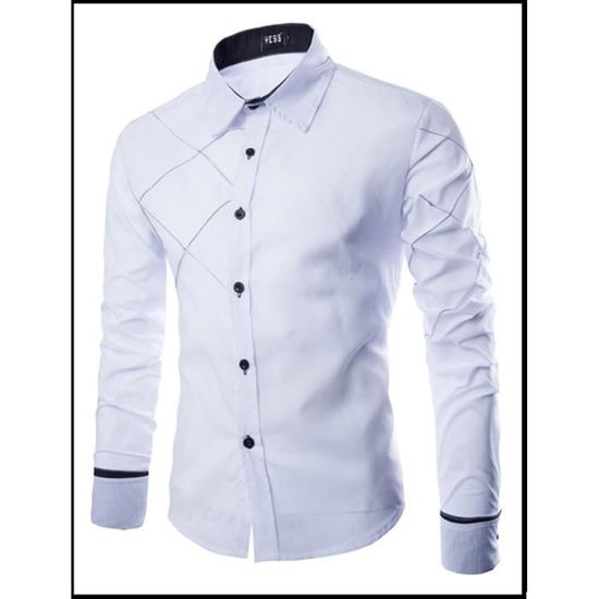 Chemisette Hommes Business Loisirs Respirant Manches Longues Couture Couleur Pure Trace de grille Chemise Blanc