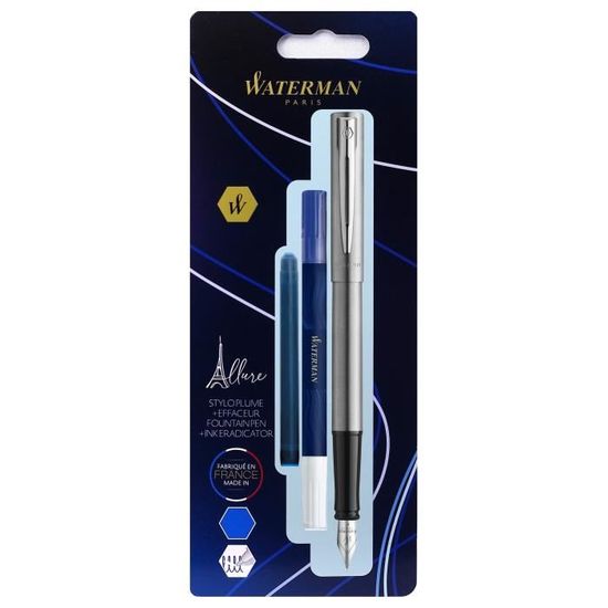 WATERMAN GRADUATE Stylo Plume Chromé + 1 Cartouche Longue Encre Bleue