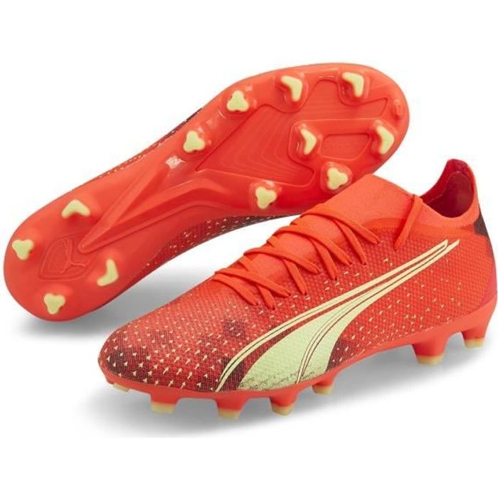 chaussures football - homme - puma - ultra match - rouge corail et jaune - crampons moulés