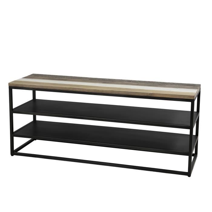 Meuble TV scandinave en bois acacia massif naturel, noir et blanc + pieds en métal noir - L 130 cm