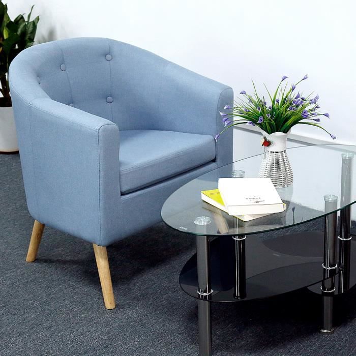 Fauteuil de jardin Fauteuil Relaxation - Fauteuil pieds bois Hévéa massif - Gris bleu Tissu effet feutrine - Scandinave - 64*60*70c