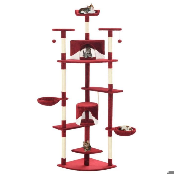 Arbre à chat griffoir grattoir niche jouet animaux peluché en sisal 203 cm rouge et blanc 3702142