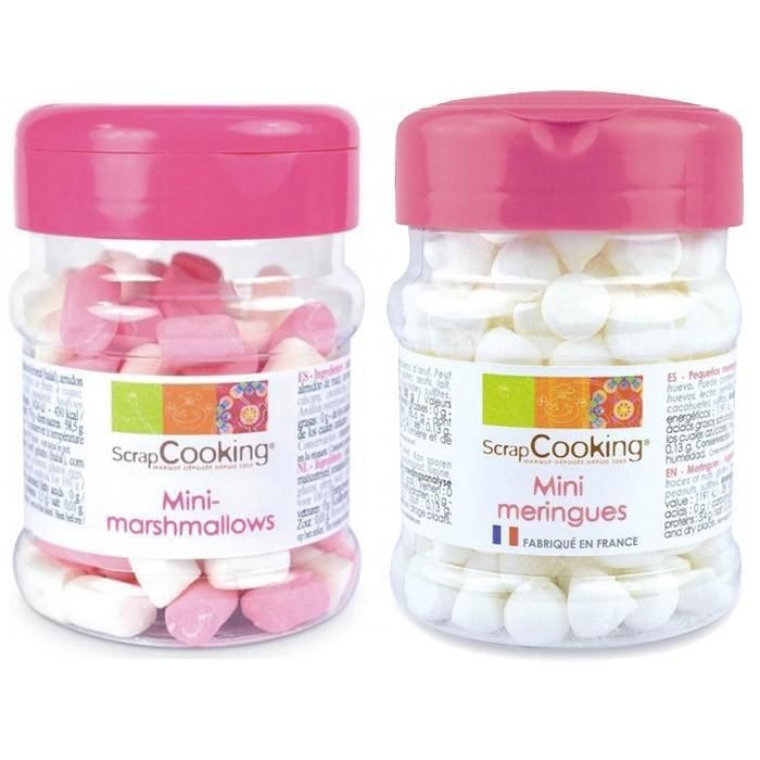 2 petits pots : mini meringues en forme de gouttes, et mini-marshmallows