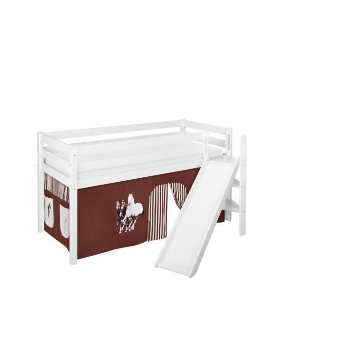 Lit surélevé ludique JELLE 90x200 cm Chevaux marron beige - LILOKIDS - blanc laqué - avec toboggan incliné et rideaux