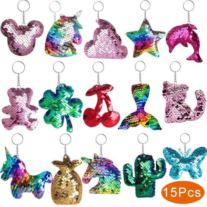 Outee Porte-clés à Paillettes 15 Pcs Porte-clés à Paillettes pour Queue de Sirène Trèfle Chat Animaux Forme Cadeau de Noël Faveurs