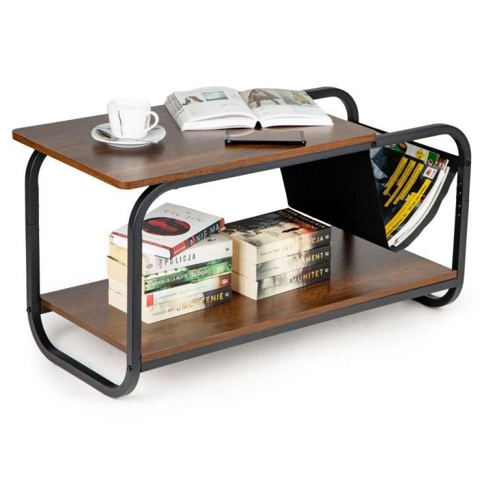 MSTORE - Table basse style loft salon/séjour - Dimensions 86.5x46x40 cm - Porte-revues intégré + double plateau - Table à café -