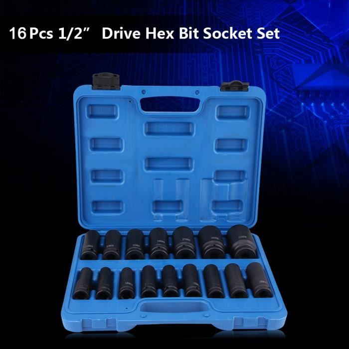 Coffret outillage Douilles à Choc Hexagonale, 16 Pièces 1-2 Pouce Jeu de Douilles à Impact Outil de Réparation Air Drive Kit HB046