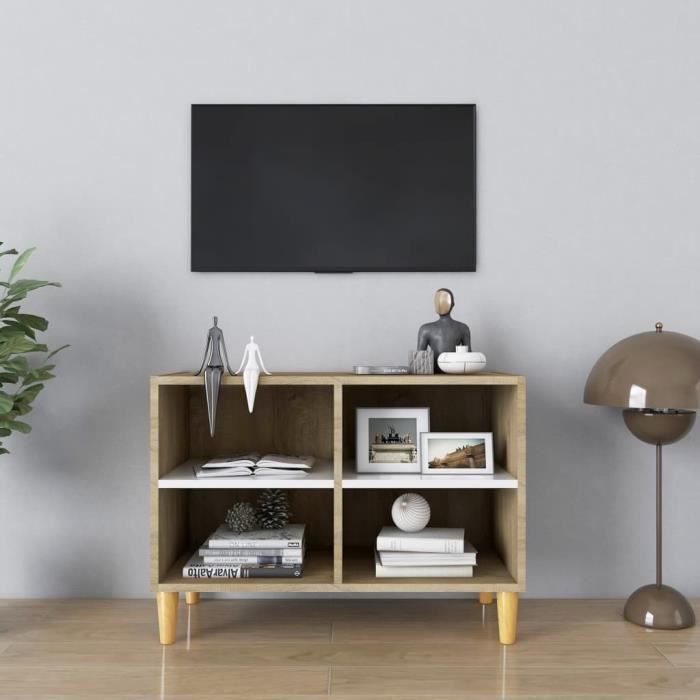 Haute qualité FLY24477 - Armoire TV - Meuble TV Table pour Salon - avec pieds en bois Blanc et chêne sonoma 69,5x30x50cm