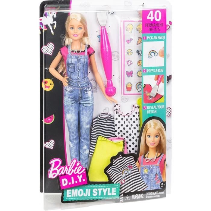 Coffret Barbie Emoji Style : Comprend 1 Poupée 3 Habits Et des Décalcos + Accessoires - Poupee Mannequin