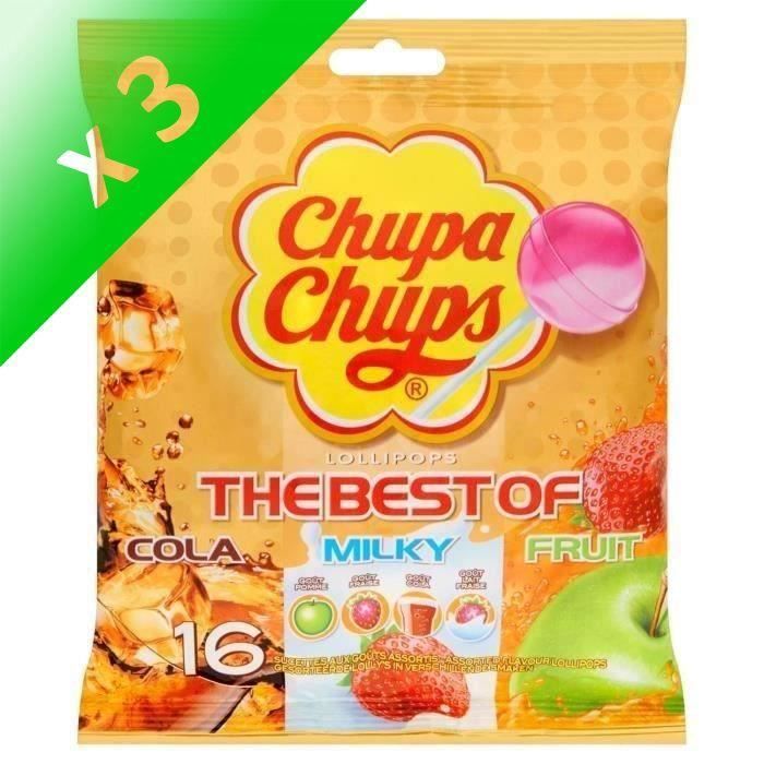 CHUPA CHUPS Sucettes Lollipops The Best Of, goûts cola, milky et fruit - 192 g (Lot de 3)