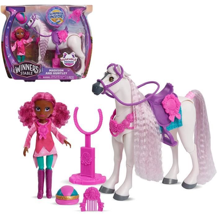 Winners Stable, Coffret Cheval articulé et Poupée avec accessoires, 11 pièces, Modèle Madison & Huntley