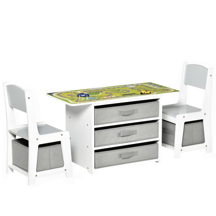 Ensemble table et chaises enfant - set de 3 pièces + 5 tiroirs non tissés - table étagère pour jouets 2 en 1 - plateau double face