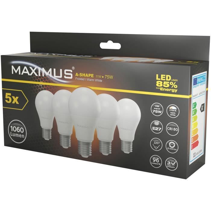 MAXIMUS Pack de 5 ampoules classiques dimmable E27 11W 1055lm blanc chaud