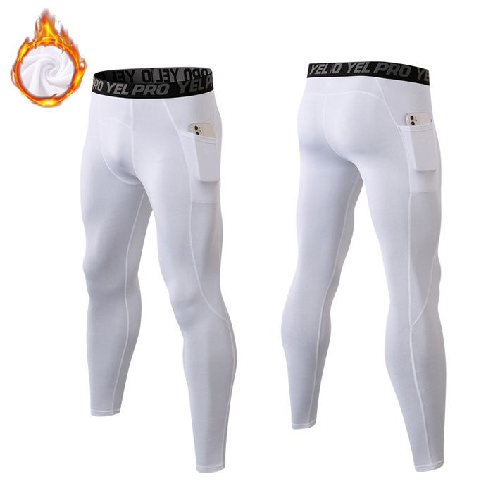 Pantalons de Compression pour Hommes Collants de Sport Leggings Course Séchage Rapide Poche Pantalons de Sport pour Blanc