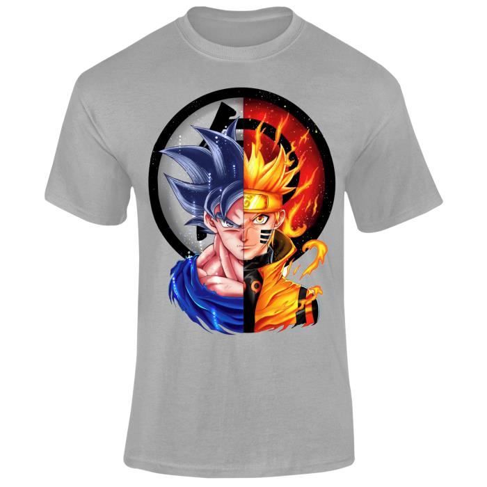 T-SHIRT HOMME PERSONNALISÉ DRAGON BALL Z, SON GOKU, NARUTO, COULEUR GRIS CHINE
