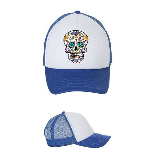 Casquette blanc - bleu royal tete de mort fleurs style mexicain