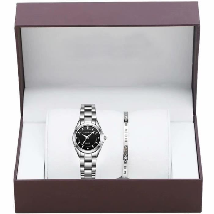 Coffret cadeau montre femme , montre à quartz élégante + bracelet de luxe en acier inoxydable, cadran noir
