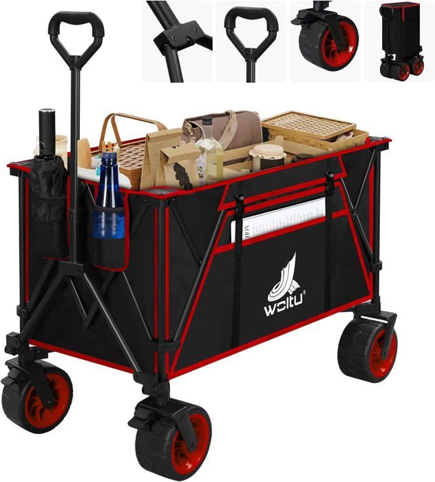 WOLTU Chariot de Jardin Pliable Roues larges Chariot pour Camping Plage Charge 120kg Tissu Oxford+Acier Noir+Rouge W0UETT0103