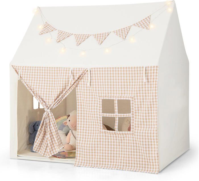 DREAMADE Tente De Jeu Enfants Avec Tapis Lavable,Cabane Garçons Filles Intérieur 125x100x127CM Avec Lumières Étoiles&Drapeau&2 Poche Latérale,Maison De Jeu Enfant 3-8Ans (Beige