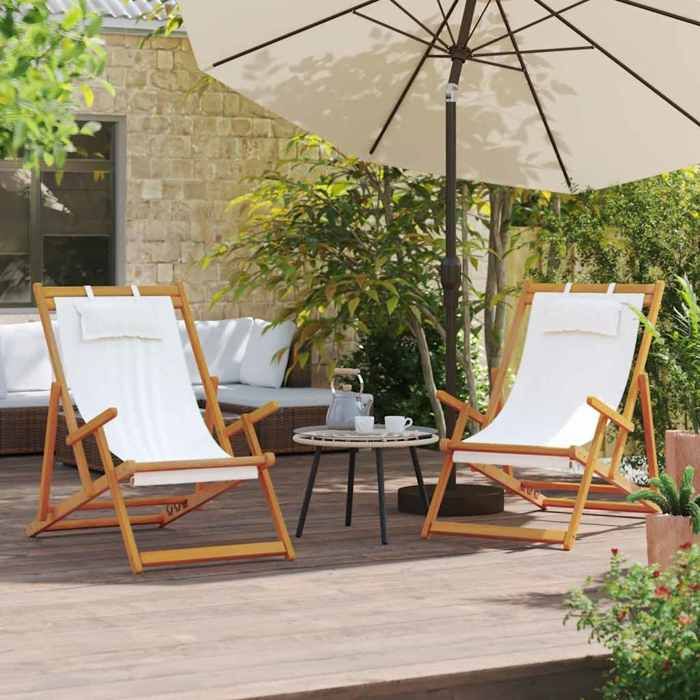 vidaXL Chaises de plage pliantes lot de 2 Bois et tissu - vue 5