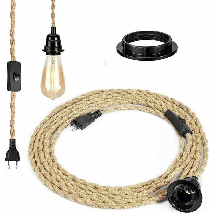Lustre en corde douille rétro E27 avec fil électrique de 4 6 mètres et interrupteur pour lampe suspendue en corde (ampoule non