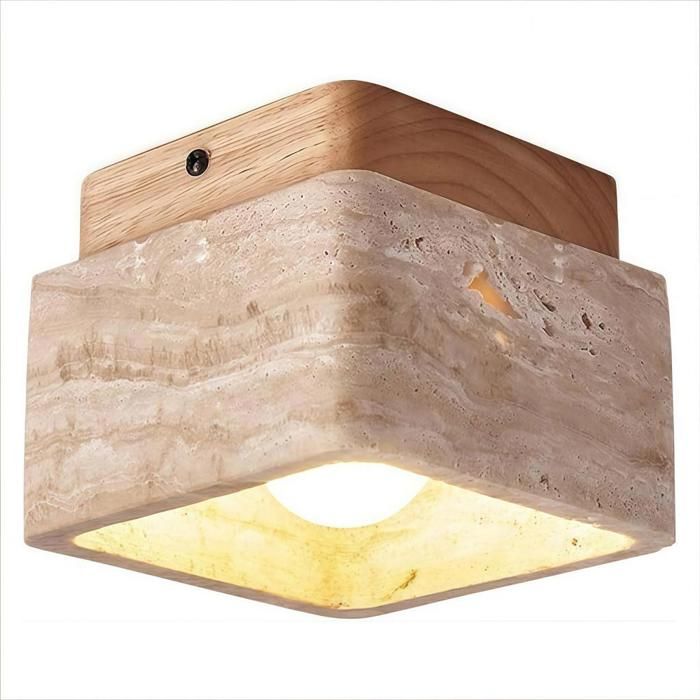 WOTTES Rétro Plafonnier LED en Pierre Carré E27 Plafonnier Créatif en bois Naturel Design Lampe de Plafond Salon Luminaire 1pcs