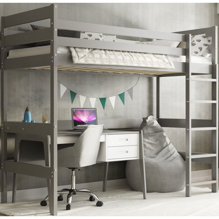 Lit Mi Hauteur pour Fille et Garçons, Lit Enfant 90x200cm, Lit Une Place avec 4 Tiroirs, Barrière de Sécurité, échelle, Gris, Pin - Maison