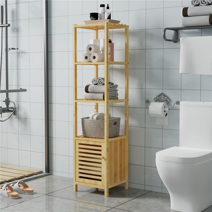 Meuble de Rangement Bambou - Armoire de Salle de Bain avec 3 étagères et 1 Porte Meuble Colonne de Rangement - 33.8x33x140cm