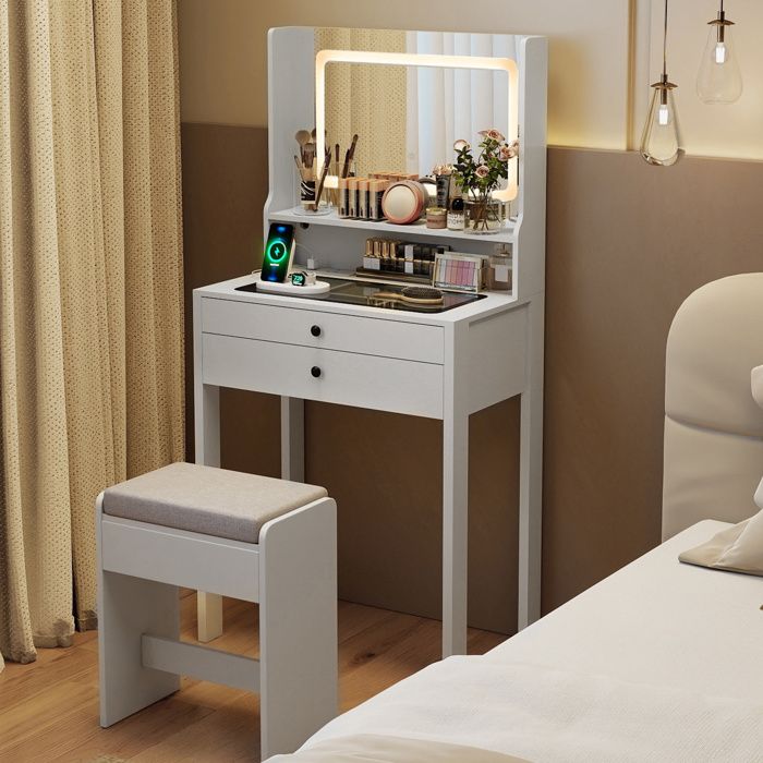 Ensemble Coiffeuse et Tabouret COSTWAY Miroir Lumières à 3 Modes dÉclairage Station de Charge 2 Tiroirs Cadeau Idéal Blanc Ensemble Coiffeuse et Tabouret COSTWAY Miroir Lumières à 3 Modes dÉclairage Station de Charge 2 Tiroirs Cadeau Idéal Blanc