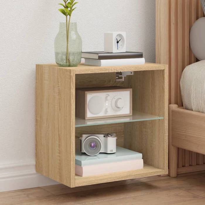 SALE 2026 Armoire TV moderne Brun - Table de chevet murale avec lumières LED chêne sonoma PRO311136756
