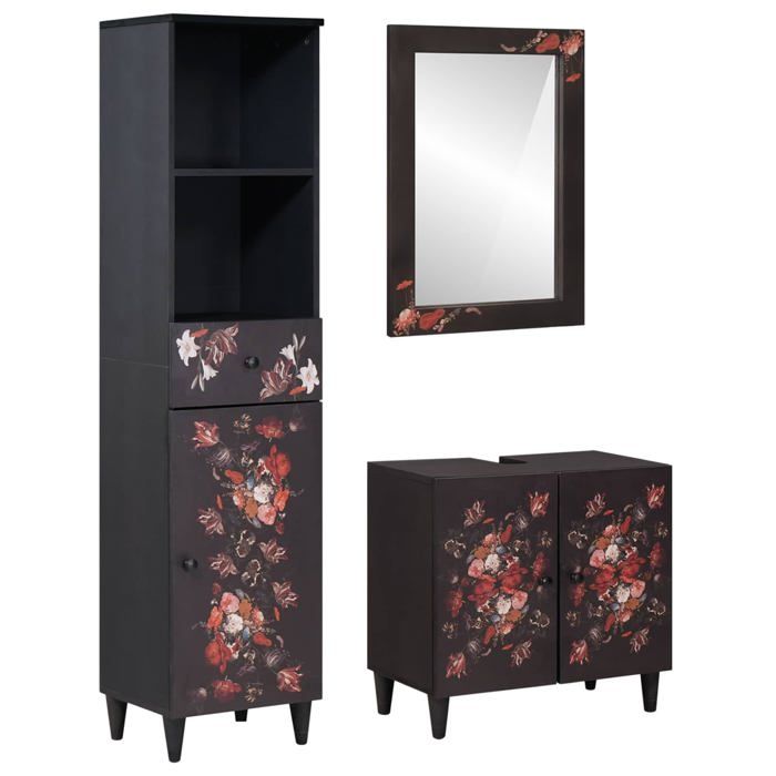 Ensemble de meubles de salle de bain - vidaXL - Bois de mangue massif - 62x33x58 cm - Motif floral - Poignées en laiton