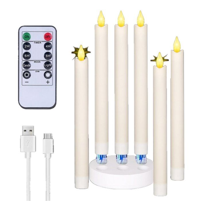 6 Bougies LED Coniques Rechargeables Sans Flamme avec Station de Charge et Télécommande Flamme Vacillante 3D