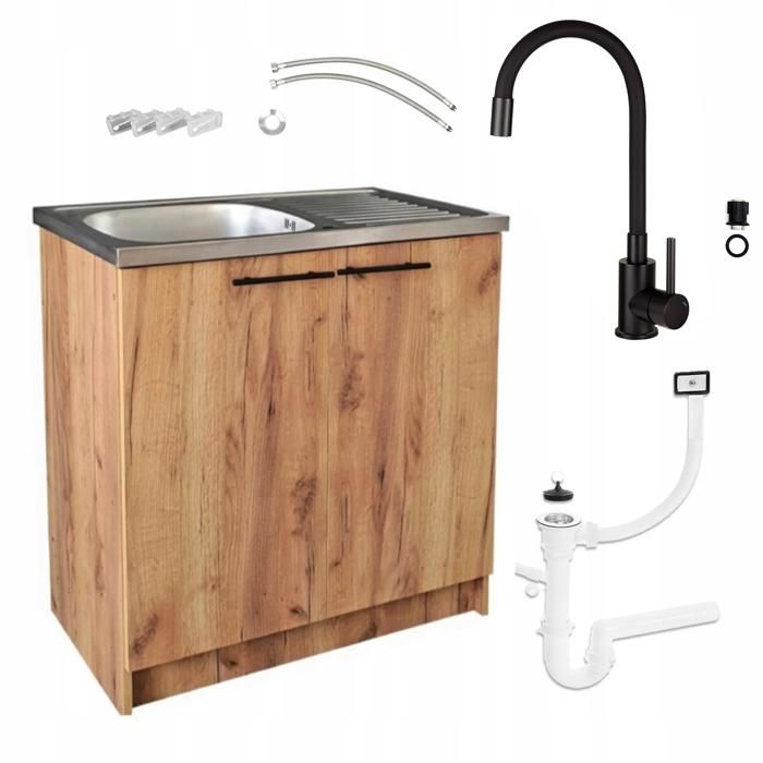 Meuble sous Évier 80 cm Chêne Doré + Évier Deante Inox + Robinet Extensible Noir + Siphon LV - 80x49x82 cm