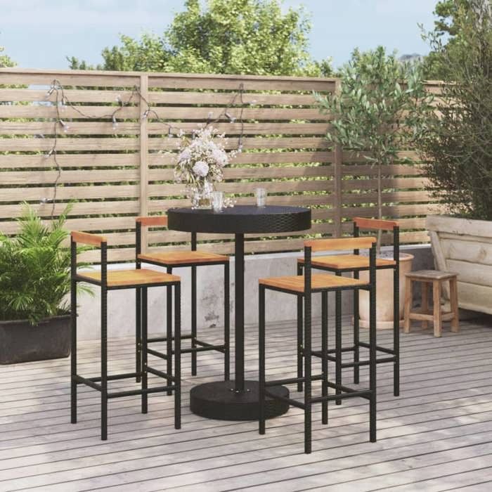 NEW 2026 Ensemble Bistrot/BAR - jardin lot de 5 - 4 Chaises et 1 Table- noir poly rotin/bois massif acacia 40x44x100 cm S604
