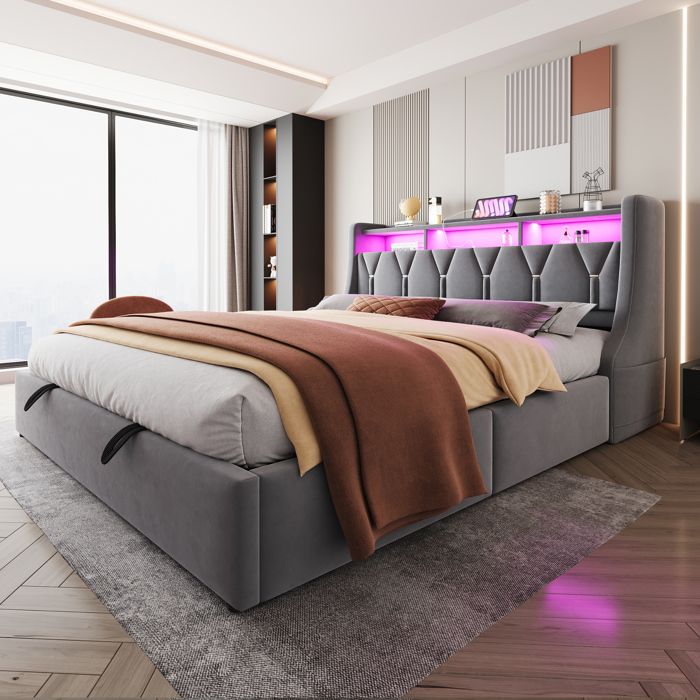 Lit Coffre 180x200 Capitonné avec LED et Prise Intégrée Ouverture Hydraulique Sans Matelas - Velours Gris