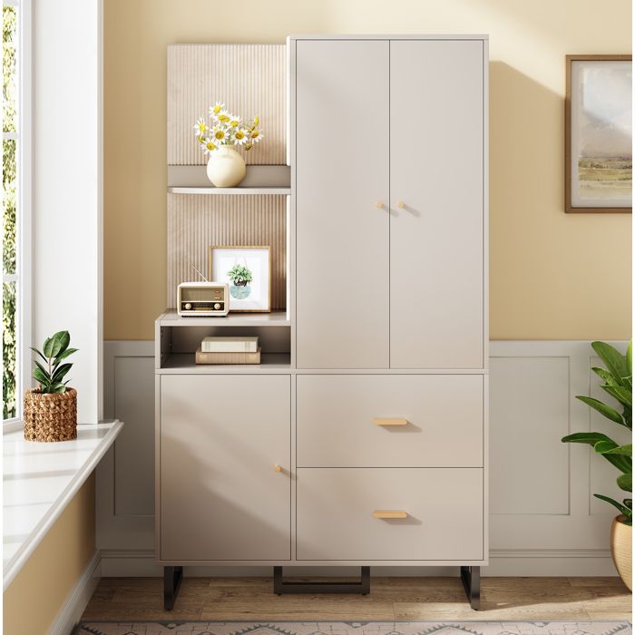 Meuble dentrée beige et gris L 110 x P 38 x H 186 cm penderie coulissante 2 tiroirs montage nécessaire