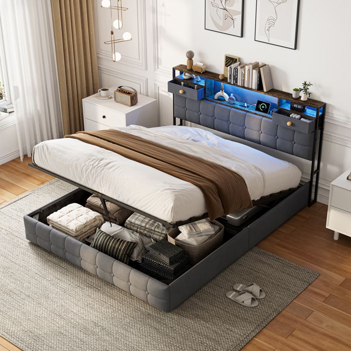 Lit hydraulique 160x200 cm avec rangement - Boxspring 2 tiroirs - Cadre à lattes - Velours gris - Sans matelas