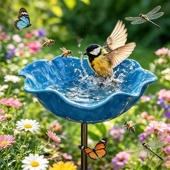 Abreuvoir à oiseaux en métal à motif floralpiquet de jardin artisanalrésistant à lhiverpour oiseaux et insectes