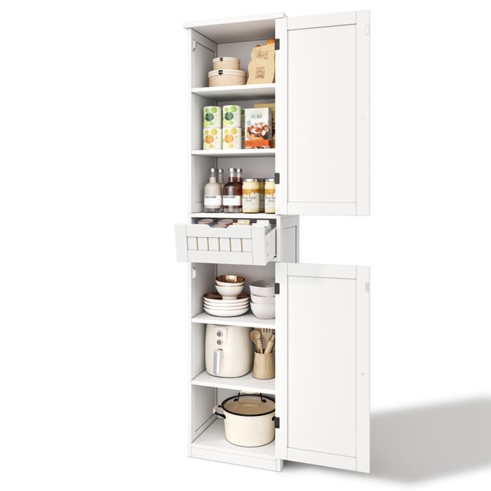 Meuble de Rangement de Cuisine avec 2 Portes 1 Tiroir et Étagères Réglables - LPOSPI - MDF Blanc 170 × 40 × 30 cm