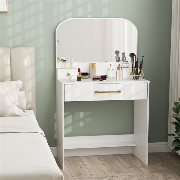 Coiffeuse avec Miroir - 80x40x135cm - Table de Maquillage Compacte 3 Tiroirs Étagères Meuble Rangement Chambre - Blanc