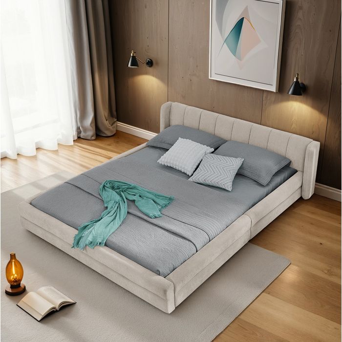 Lit double 140 x 200 cm en chenille beige avec tête de lit rembourrée et sommier à lattes sans matelas