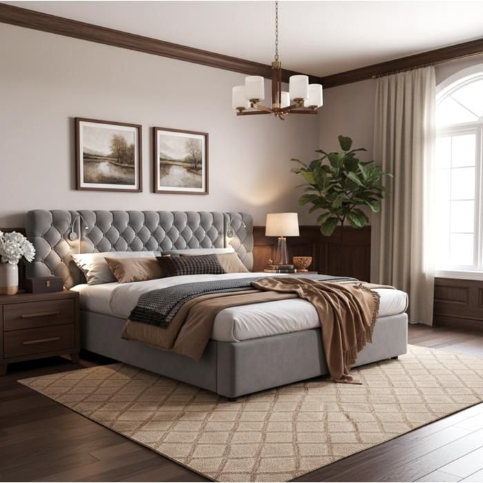 COVREO Lit coffre 160 x 200 cm avec sommier à lattes velours gris tête de lit rembourrée avec lampes de lecture