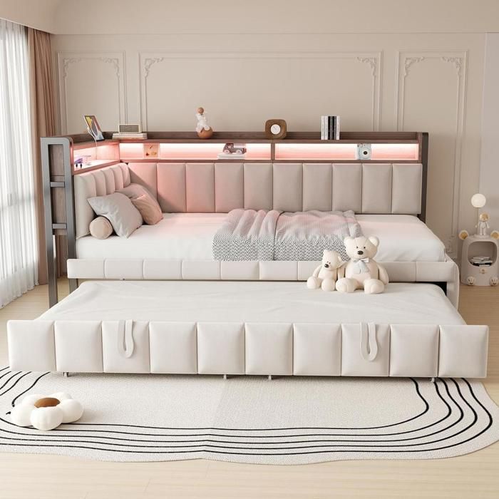 Canapé‑lit - KOMHTOM - Convertible 90x200 cm - Velours beige - Lit gigogne - LED & USB‑C Canapé‑lit - KOMHTOM - Convertible 90x200 cm - Velours beige - Lit gigogne - LED & USB‑C