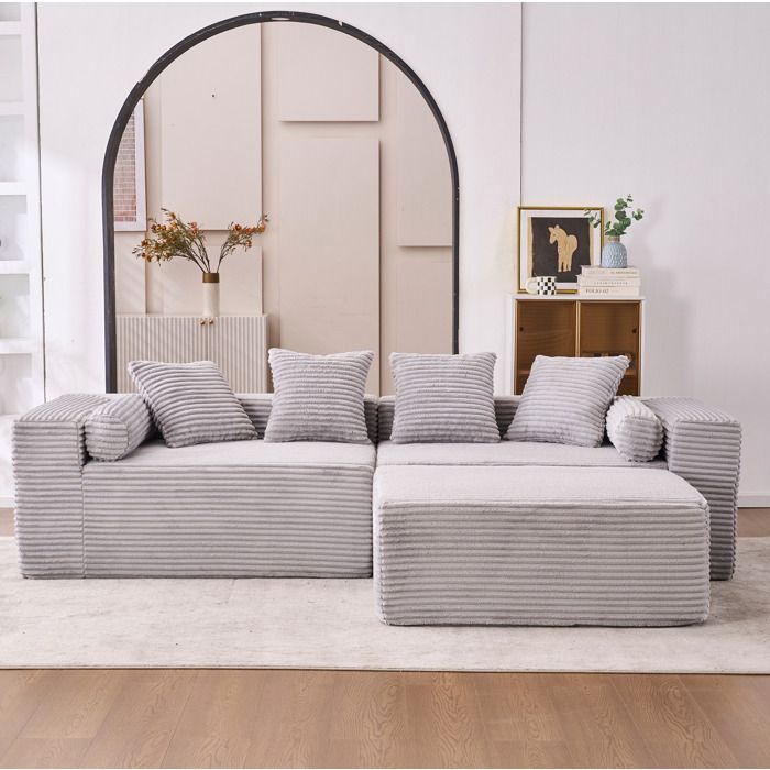 COVREO canape modulable d angle 3 places avec meridienne a droite en L tissu chenille gris sans montage