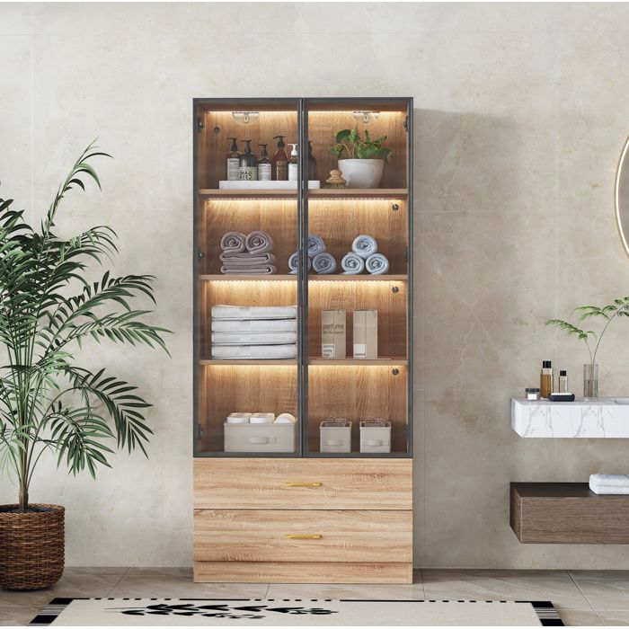 Colonne Salle De Bain Marron MDF Armoire Moderne FloraGrace Pour Salle De Bain Avec Éclairage Intégré 75x345x170cm