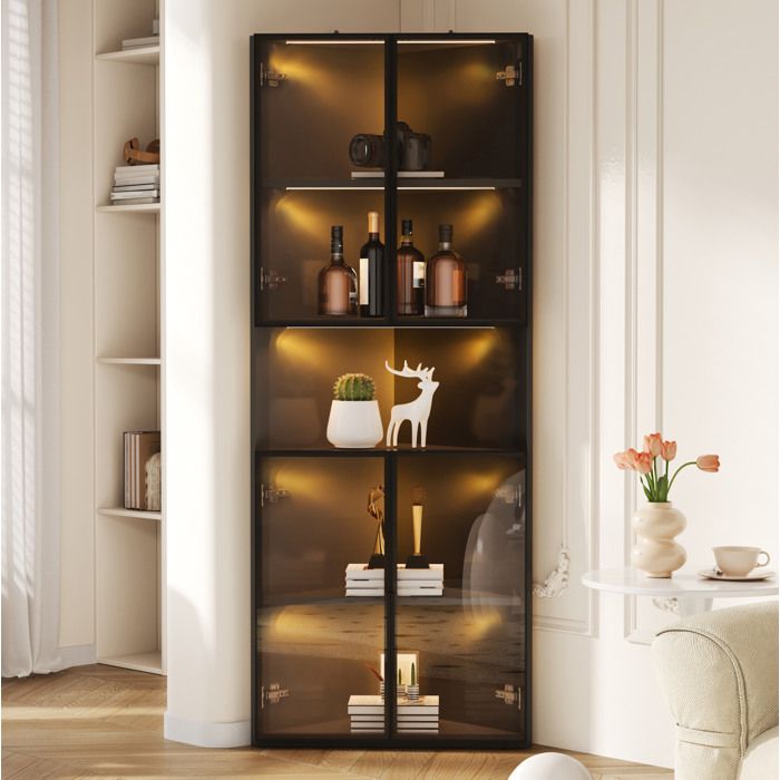 Vitrine D Angle Noire En MDF Meuble Vitrine LED FloraGrace Pour Salon Chambre Ou Bureau Avec Niche Ouverte 62x32x160cm